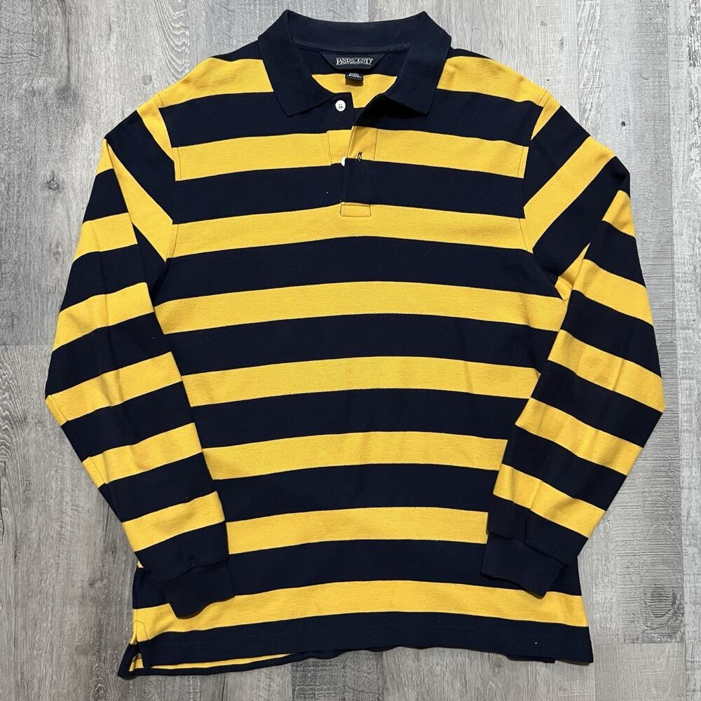 VTG Lands End Yellow/Navy Striped Long Sleeve Preppy Rugby Casual Men's Shirt